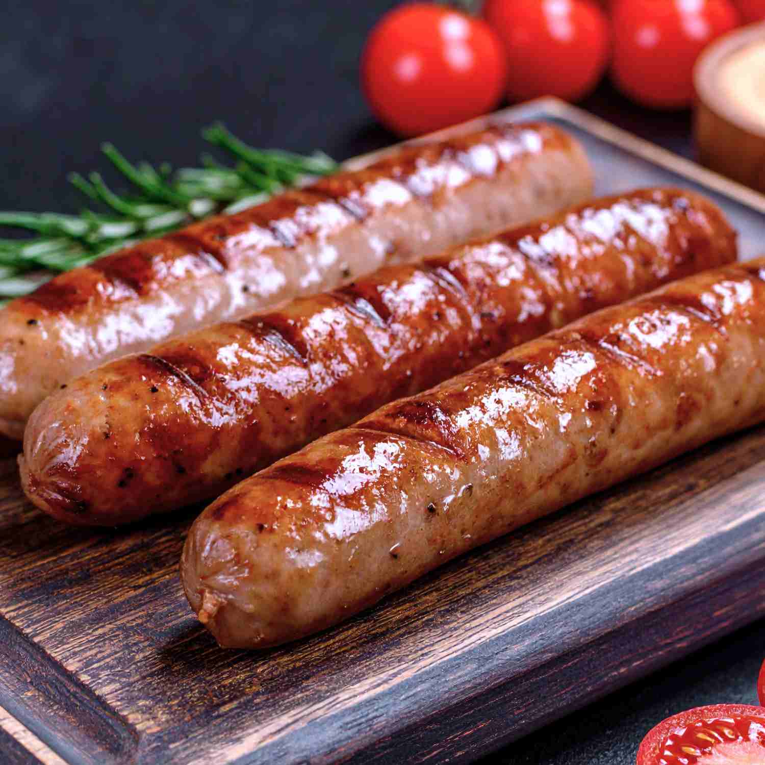 Showing three cooked sausages glunte-free on a board, with tomatoes in the background.