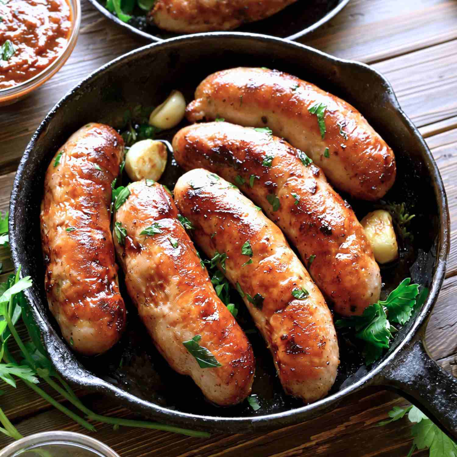 Gluten-free sausages in a black cast-iron casserole dish.