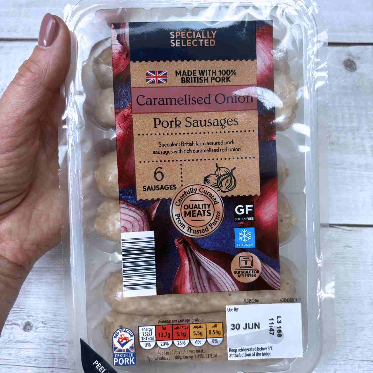 Showing Adi gluten-free sausages packet with GF clearly labelled.