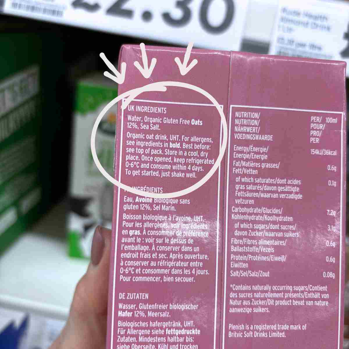 ingredients list of gluten-free oat milk showing clear labelling and gluten-free logo.